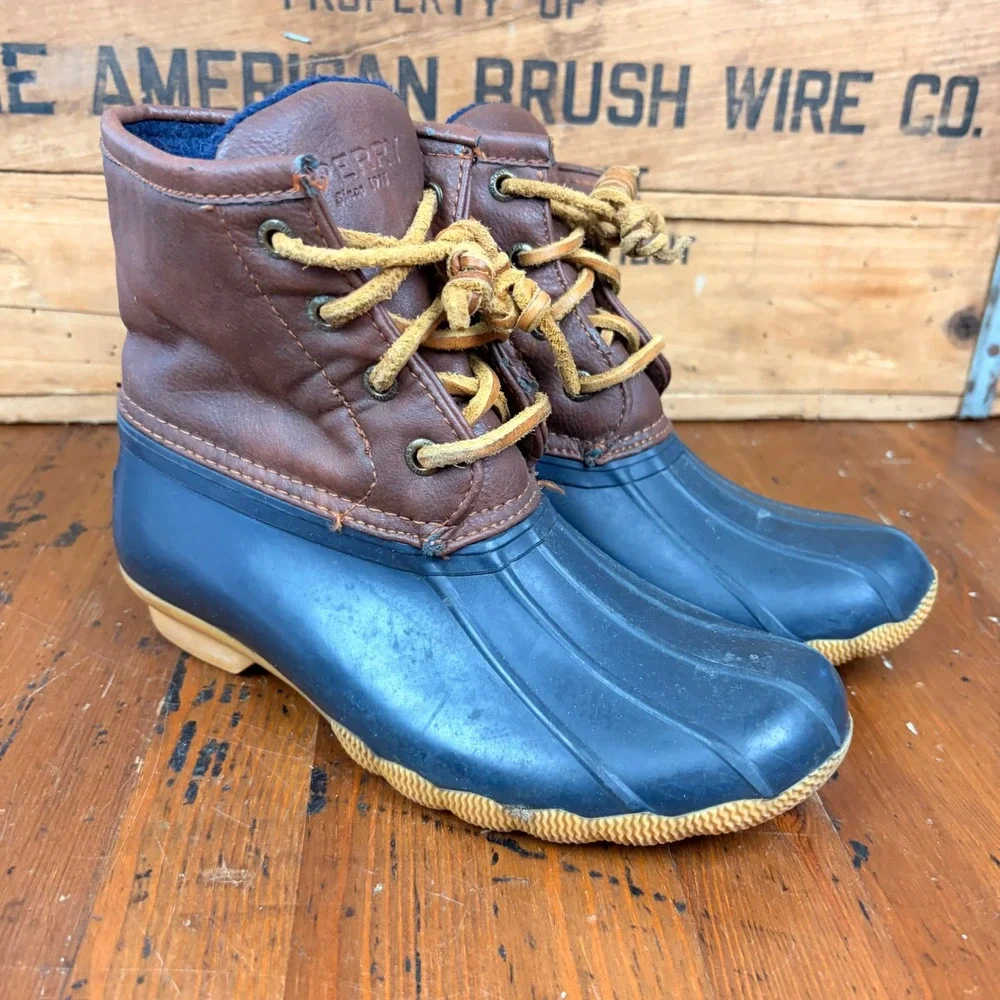 Sperry Saltwater Kids 1‎ Duck Boots Navy Brown Leather Fleece Lined Rain Boots